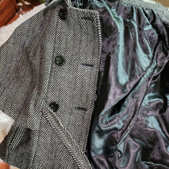 CEJON Belted & Caped "Holmes" Jacket S/M Black Ivory Gold Thread Herringbone - Picture 2 of 7